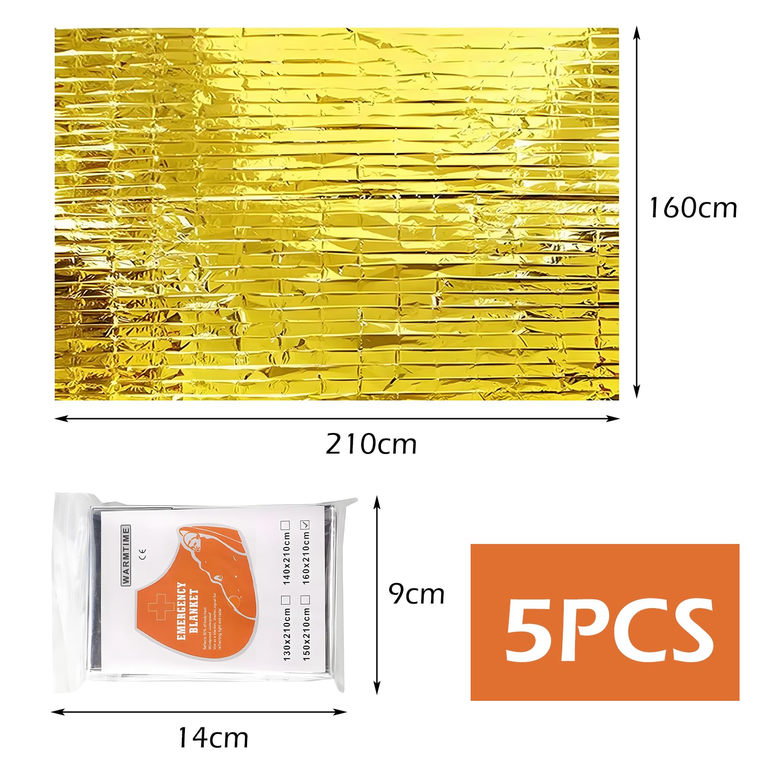 5X Manta Térmica Supervivencia – Manta Térmica Oro/Plata, 210x160cm,Térmicas de Supervivencia de Emergencia,Compacta-A