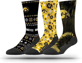 Strideline NCAA Mens Socks- Fun Pack 3 Pack Tie Dye Tropical & Ugly Christmas