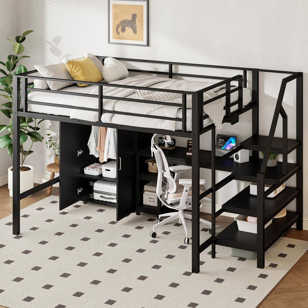 Lit Mezzanine 90x200 Cm Avec Bureau, LED, USB Et Étagères - Métal Blanc