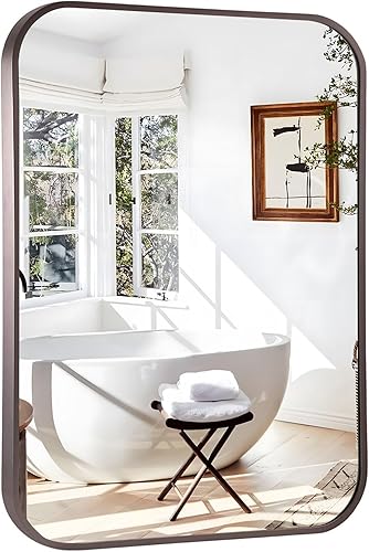 Miniatura 8 de Espejo rectangular redondeado con marco de metal de bronce cepillado de 24 x 36 pulgadas, espejos de pared marrón para baño, entrada, tocador, sala