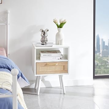 15.75" Rattan End Table with Drawer and Solid Wood Legs, Modern nightstand, Side Table for Living roon, Bedroom, White