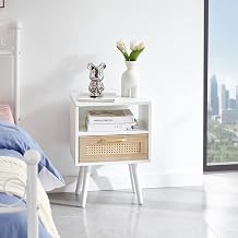 15.75" Rattan End Table with Drawer and Solid Wood Legs, Modern nightstand, Side Table for Living roon, Bedroom, White