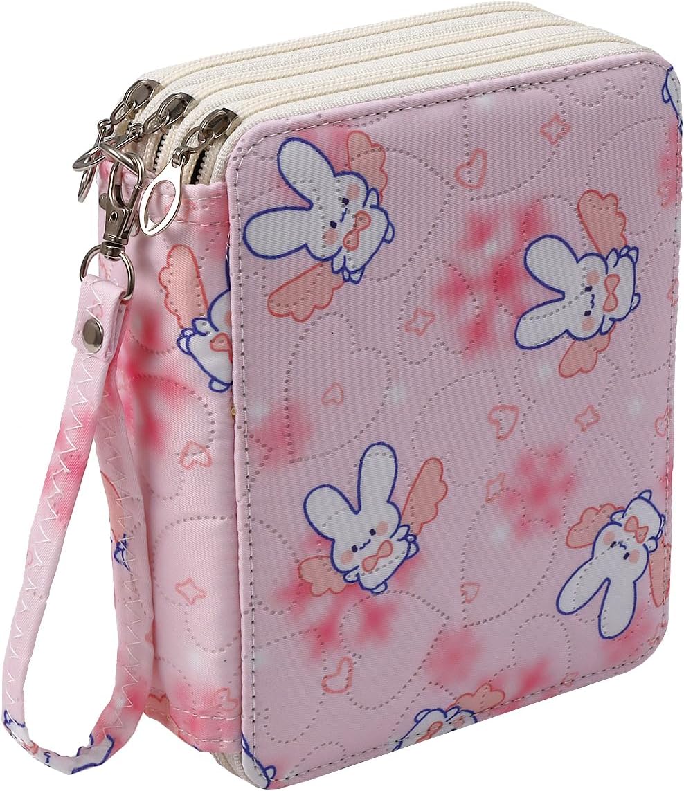 72 Slots Soft Quilted Pencil Case With Zipper Colored Pencils,Watercolor Pens for Teen Girls and Adult,Rabbit Pink