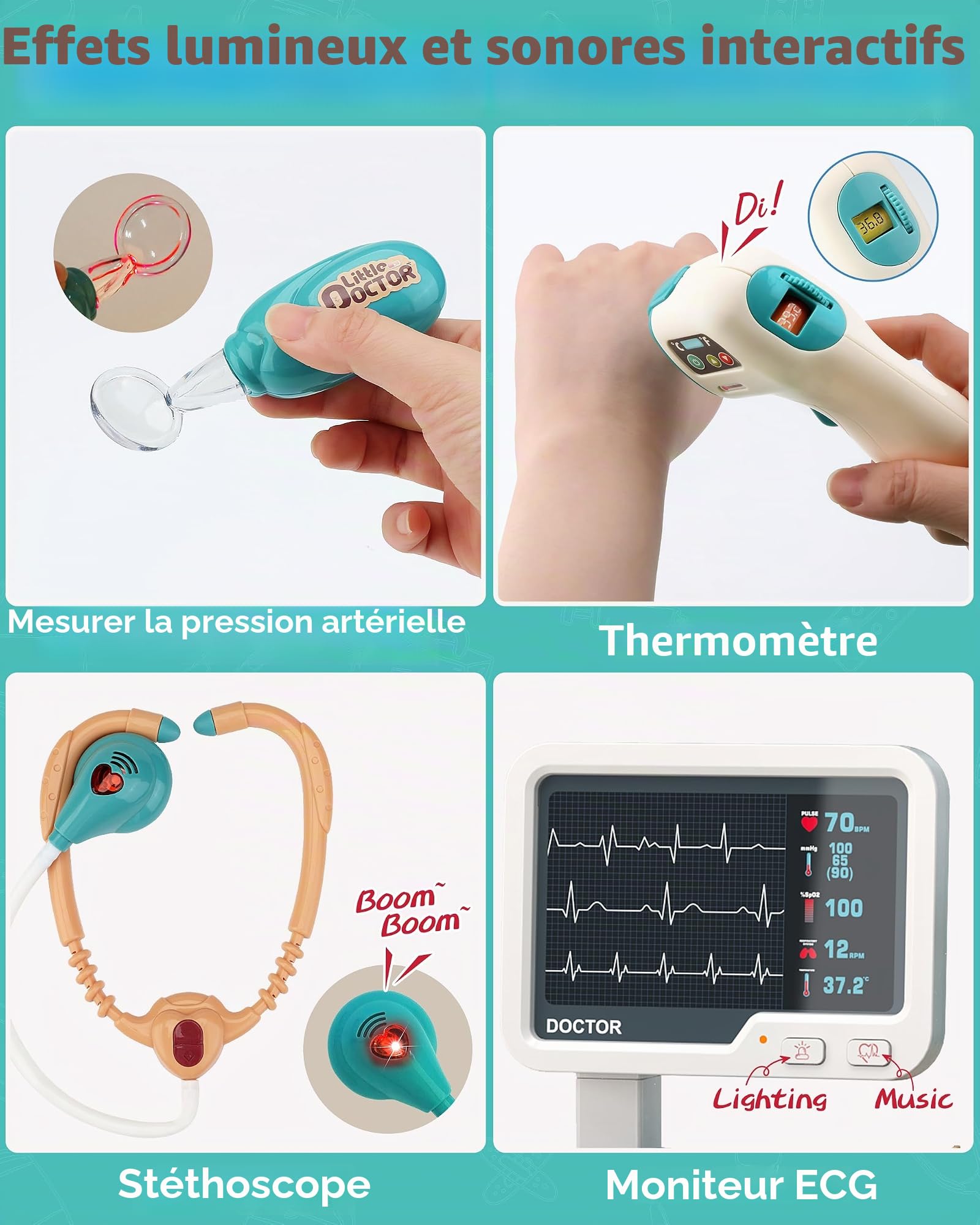 JOVOW Kit de médecin Jouet, avec Malette Docteur et Blouse, Ensemble de Jeu Médical Simulé de 28 Pièces avec Chariot Médical Mobile Equipé de lumières et Son pour 3 Ans+ Enfant Garçons Filles