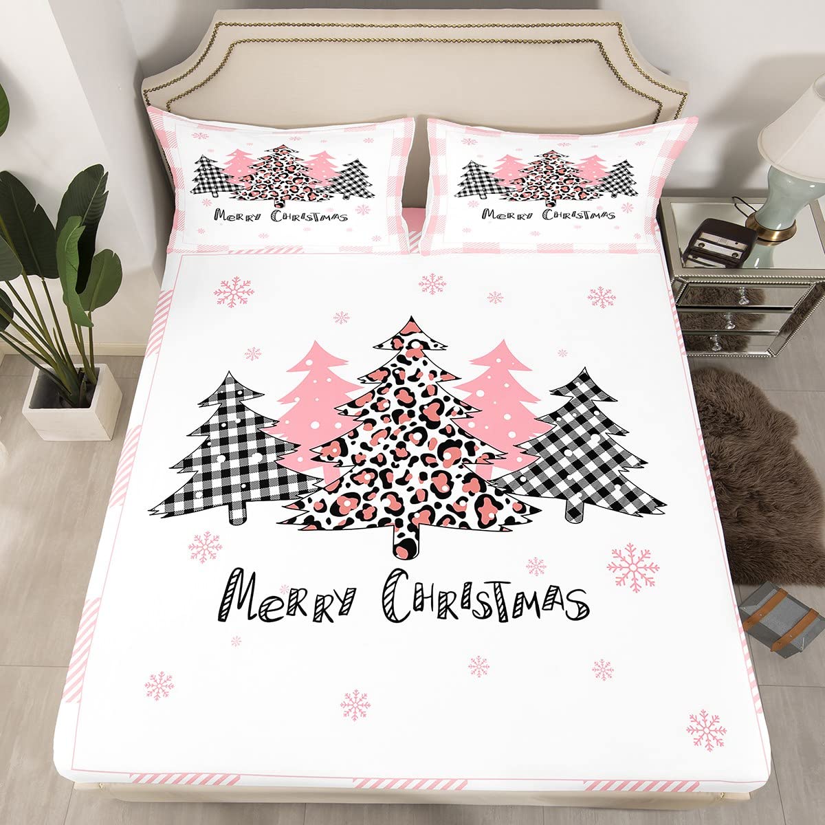 Manfei Christmas Kids Fitted Sheet Single, Pink Plaid Xmas Trees Print Bedding Set 2pcs for Girls Women Bedroom Decor, Western New Year Theme Bed Cover with 1 Pillowcase