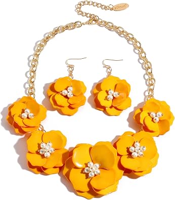 Bocar Flower Collar Necklace, Floral Flower Statement Summer Beach Choker Necklaces and Earrings Set for Women, Women Jewelry Party Gifts