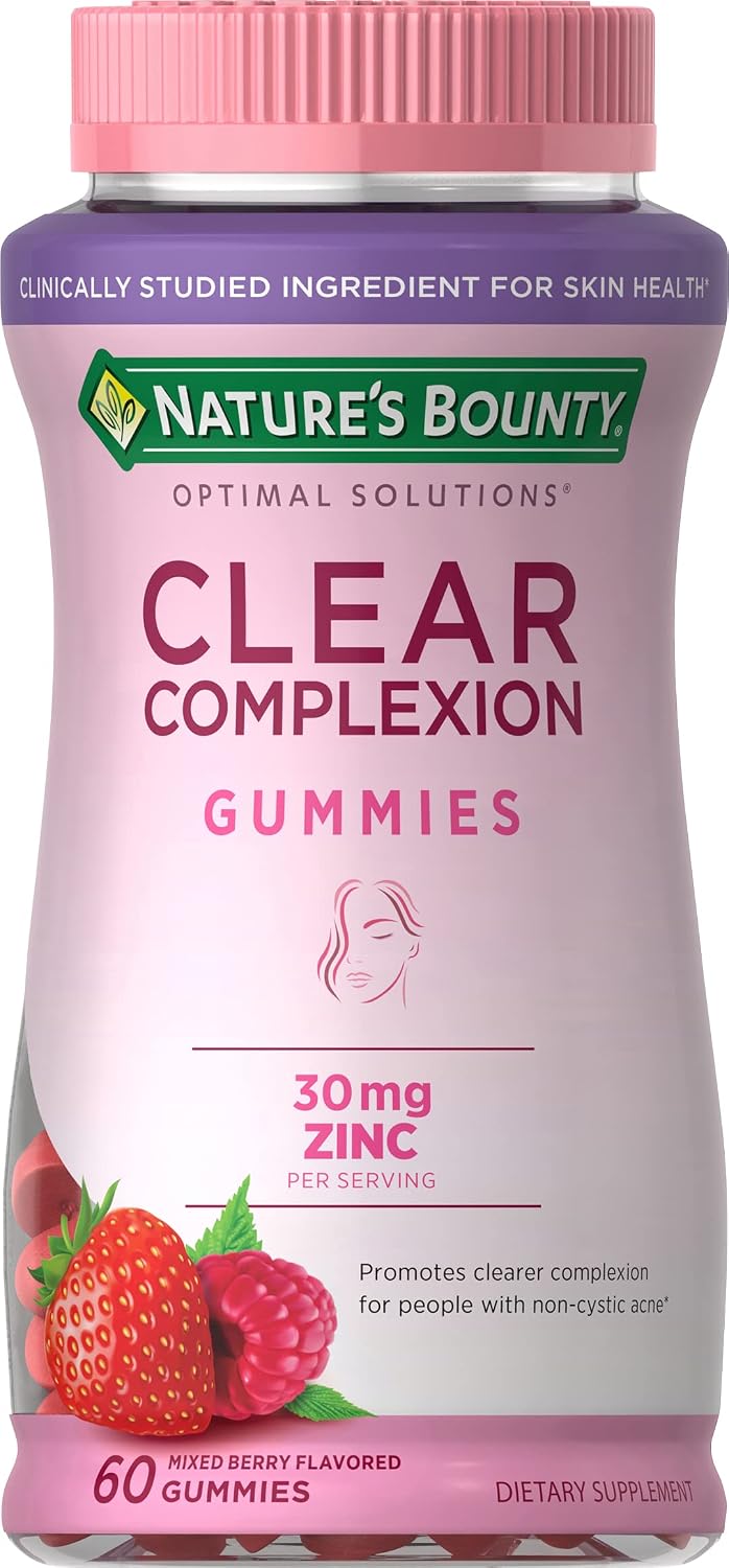 Nature's Bounty Stunning Complexion Skin Care Zinc Supplement Optimal Solutions, Dietary Supplement, 30 mg Zinc, Mixed Berry Flavor, 60 Gummies