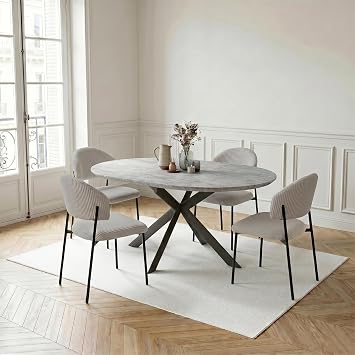 JIEXI Extendable Dining Table and Chairs Set, 110cm-150cm Round to Oval Table with Beige Flannel Chairs, Dining Room Furniture Set (JD8483-Grey, 110-150cm Grey Table + 4 Chairs)