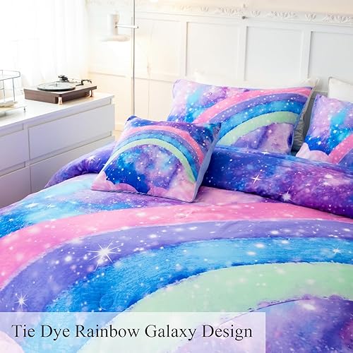 Miniatura 6 de ANGIYUIN Juego de edredón de teñido anudado para niñas, tamaño individual, 6 piezas de ropa de cama de arcoíris colorido en una bolsa, juegos de