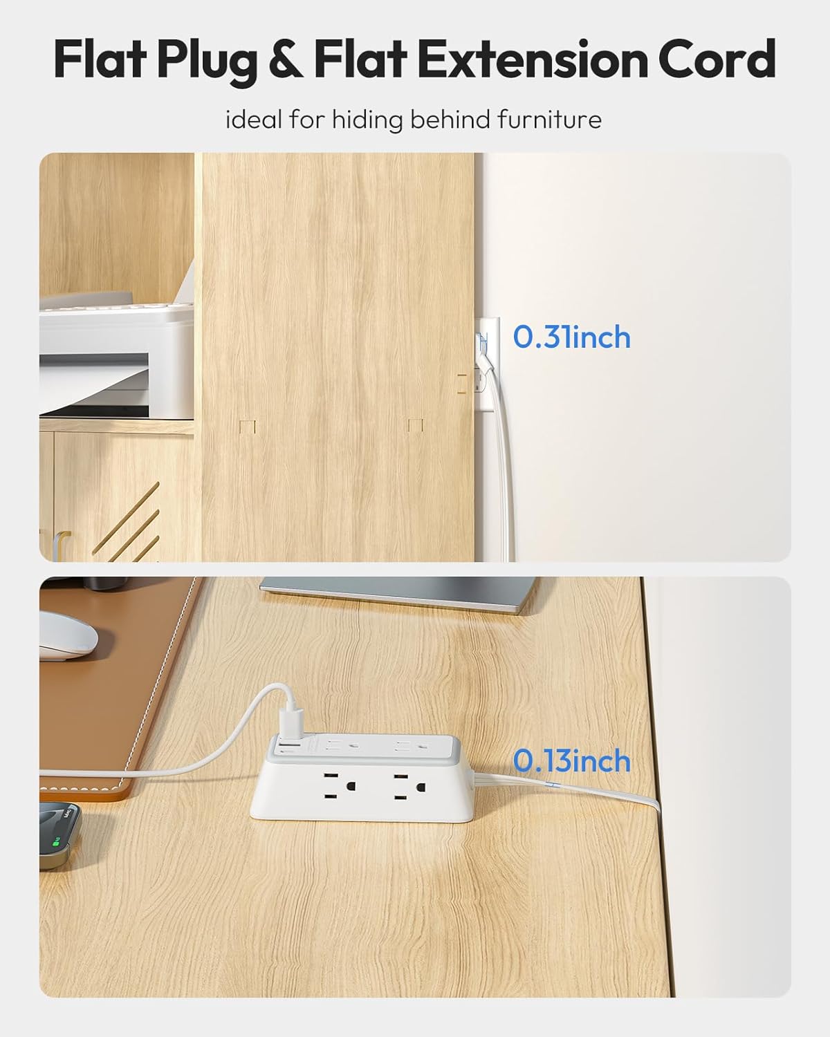 NTONPOWER 25ft Power Strip Flat Plug, Surge Protector Extension Cord with USB-C, Flat Surge Protector Power Strip, Mountable Surge Protector 3-Side for Home Office Accessories, White