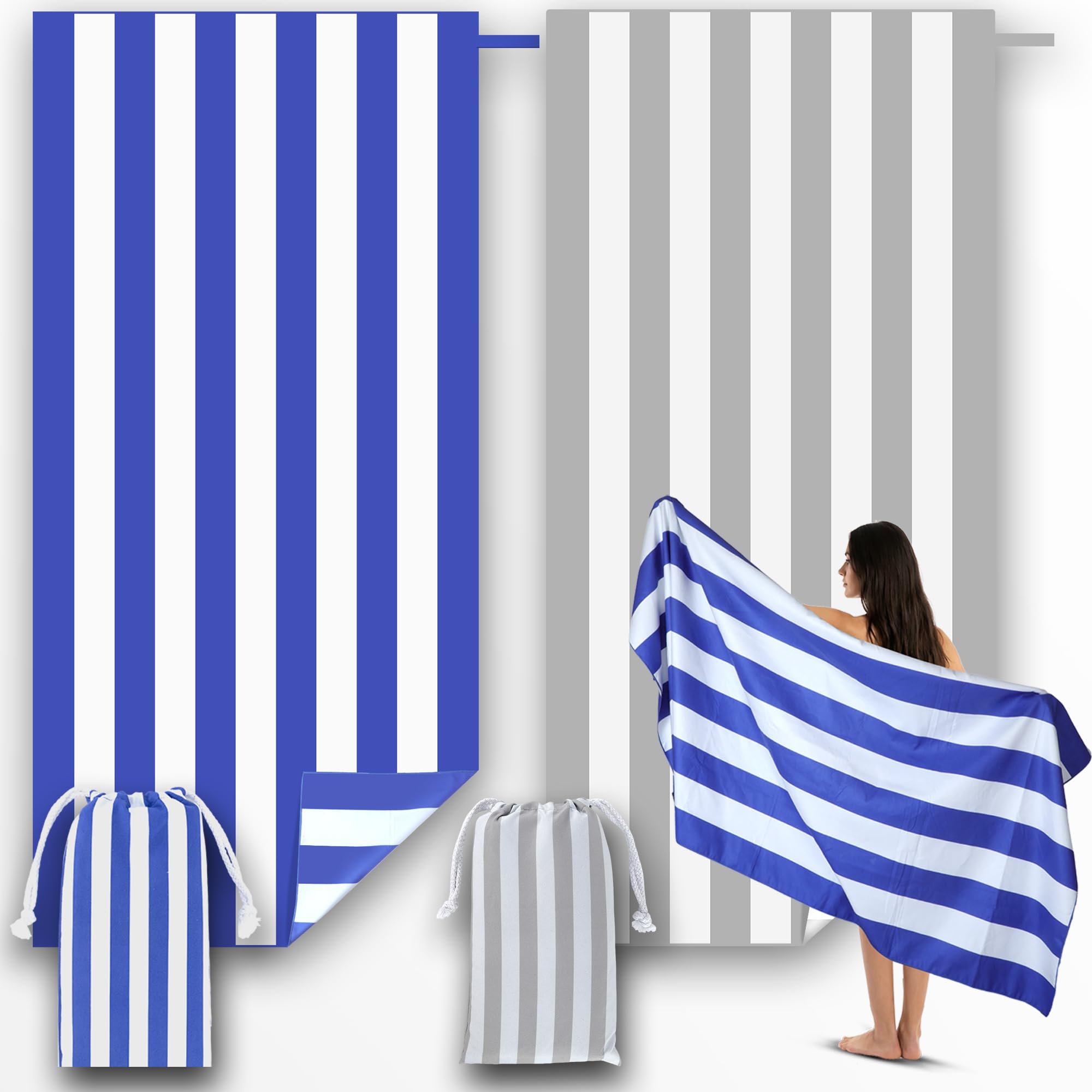 Anavasi Microfibre Beach Towels for Adults - 2 Pack 180 x 90 cm with Drawstring Bag, Quick Dry, Lightweight, Sand Free, Extra Large 100% Recycled for The Beach (Stripe Dark Blue and Grey) โ image 1
