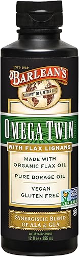 Barlean's Omega Twin - Suplemento de aceite de linaza líquido y aceite de borraja puro con lignanos, 6,010 mg de ALA y 465 mg de ácidos grasos Omega