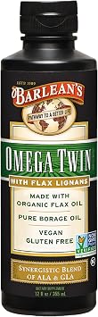 Barleans Omega Twin Liquid Flaxseed Oil and Pure Borage Oil Supplement with Lignans, 6,010mg ALA and 465mg GLA Omega Fatty Acids from Organic Flax Seed and Cold Pressed Borage Seeds, 12 oz