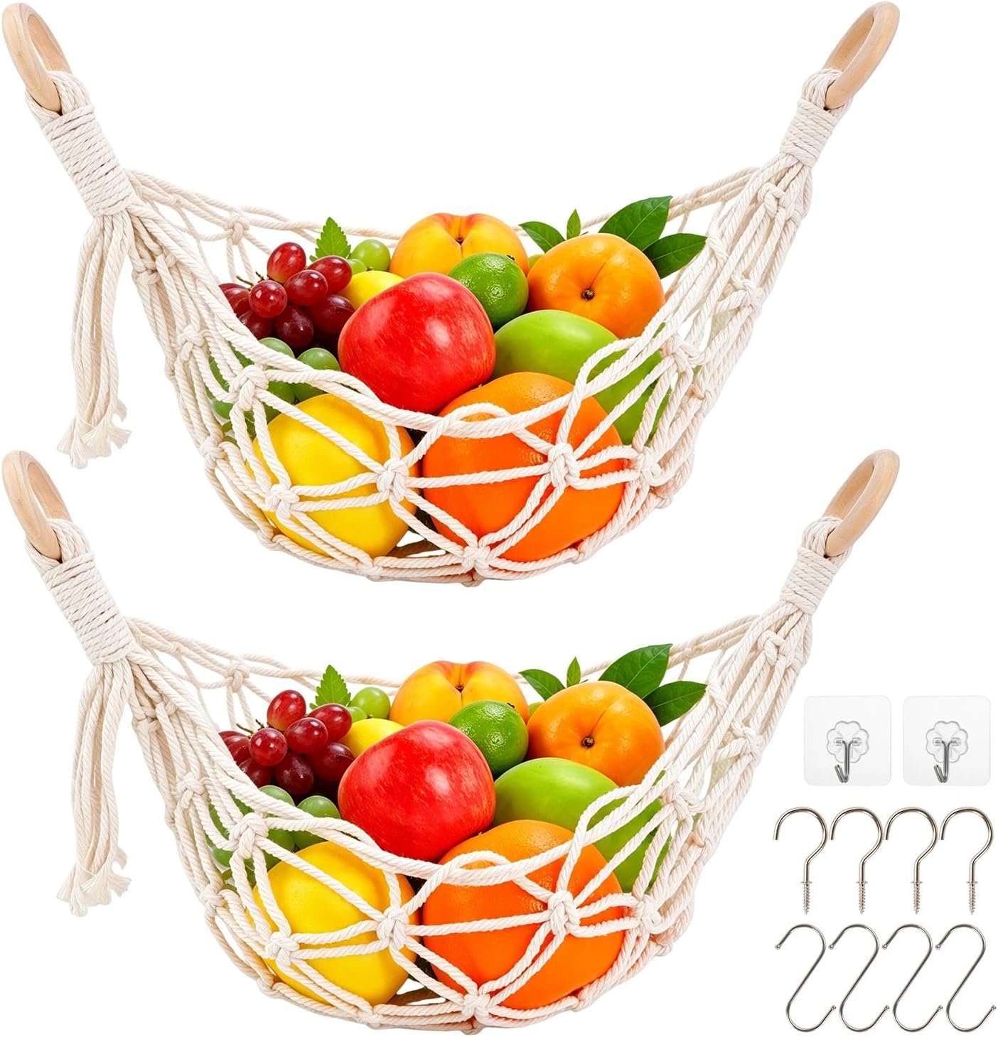 2 Pcs Hanging Fruit Hammock with 3-Styles Hooks, for Kitchen Under Cabinet