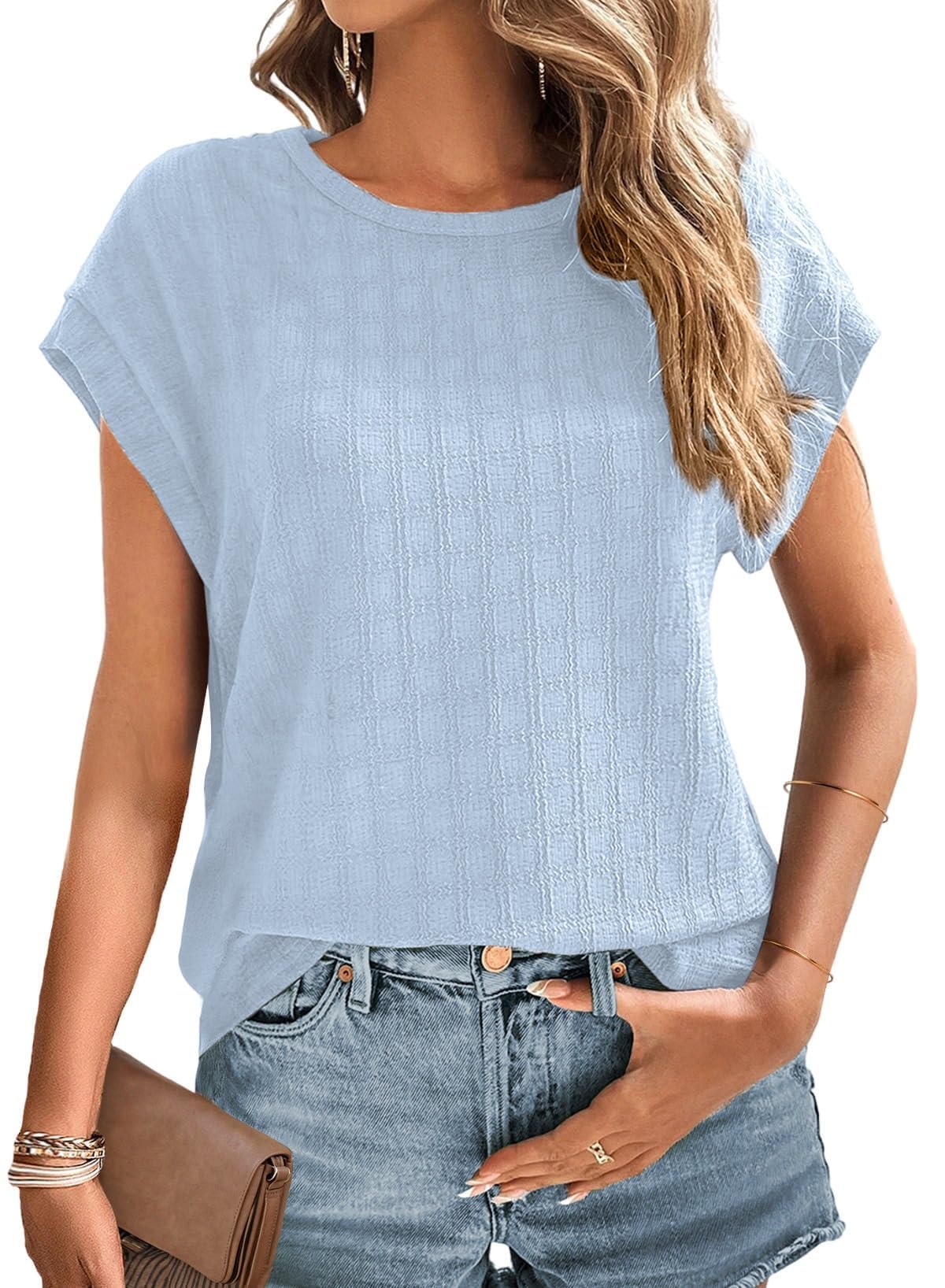 Cuptacc Top Damen Rundhals Tshirt Kurzarm Sommer 2026 Bluse Mit Flügelärmeln Oberteile Chic Himmelblau, Mittel M 38-40