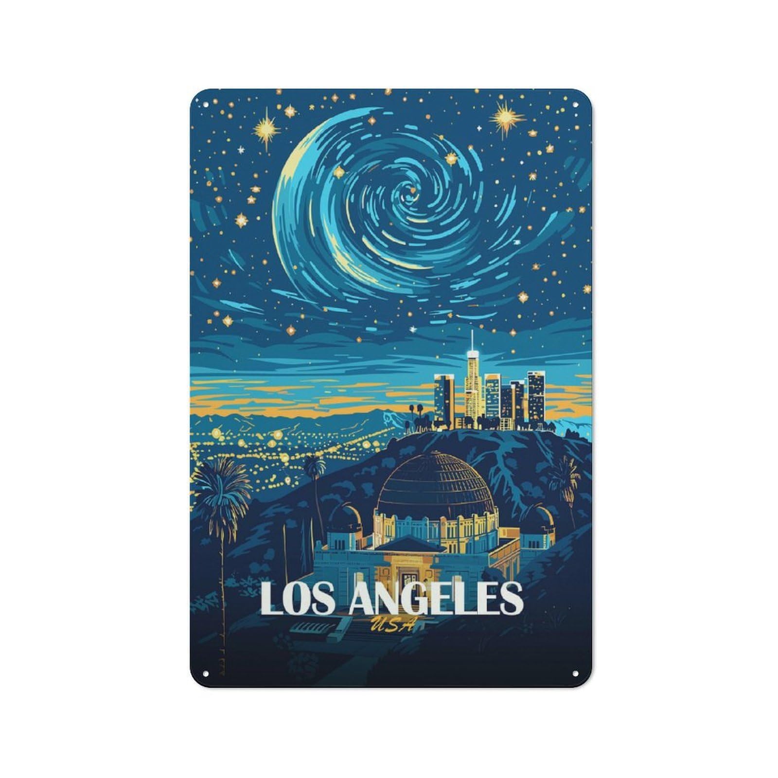 Junmoney Style-10 Los Angeles Night Sky Illustration Tin Sign 30X20cm For Workshop Wall, Vintage Wall Decor, For Metal Sign Collectors, For Garage And Workshop Walls