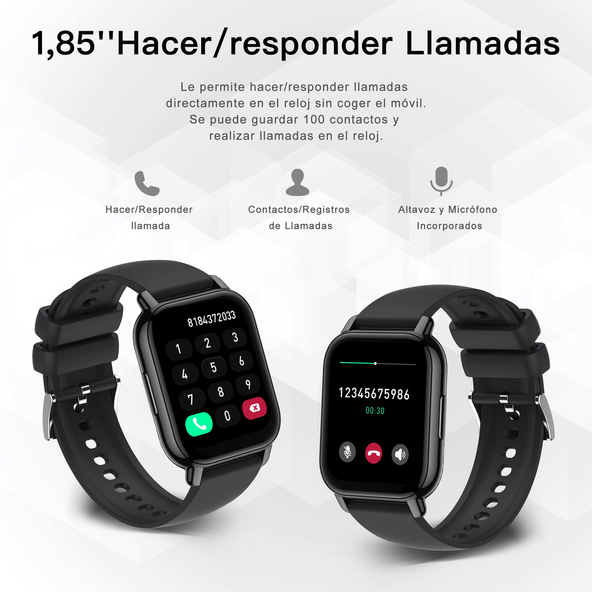 Popglory Reloj Inteligente Hombre con Llamadas y Asistente Voz, 1,85'' Smartwatch 2 Correas, Pulsera Actividad Presión Arterial Ritmo Cardíaco Oxígeno Sanguíneo, para Mujer Hombre Android iOS
