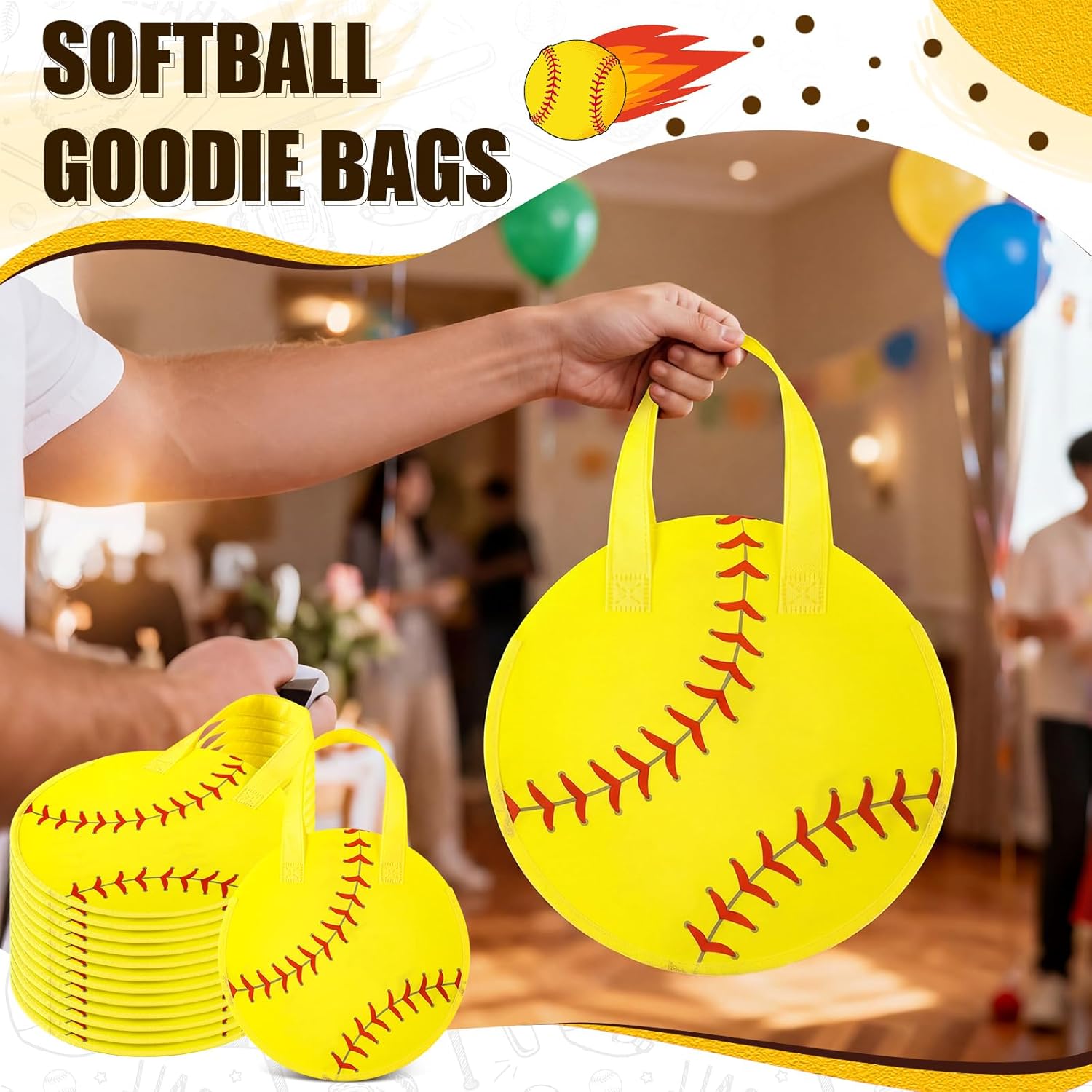 Yeyeplum 12 Pcs Softball Party Favor Bags 10 × 10 Inch Softball Gift Bags with Handle Round Non Woven Gift Pouches for Goodie Candy Snacks Sports Themed Birthday Party Supplies - Image 4