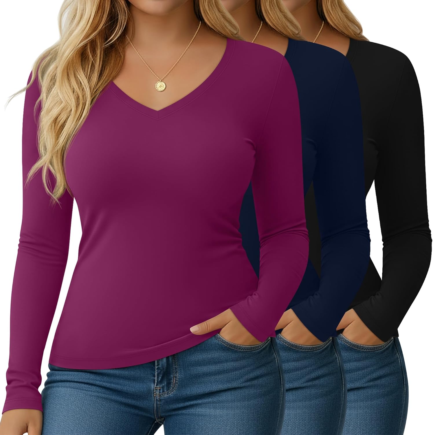 3 Pack Women's Plus Size T-Shirts Long Sleeve V Neck Slim Fitted Tunic Tops Casual ...