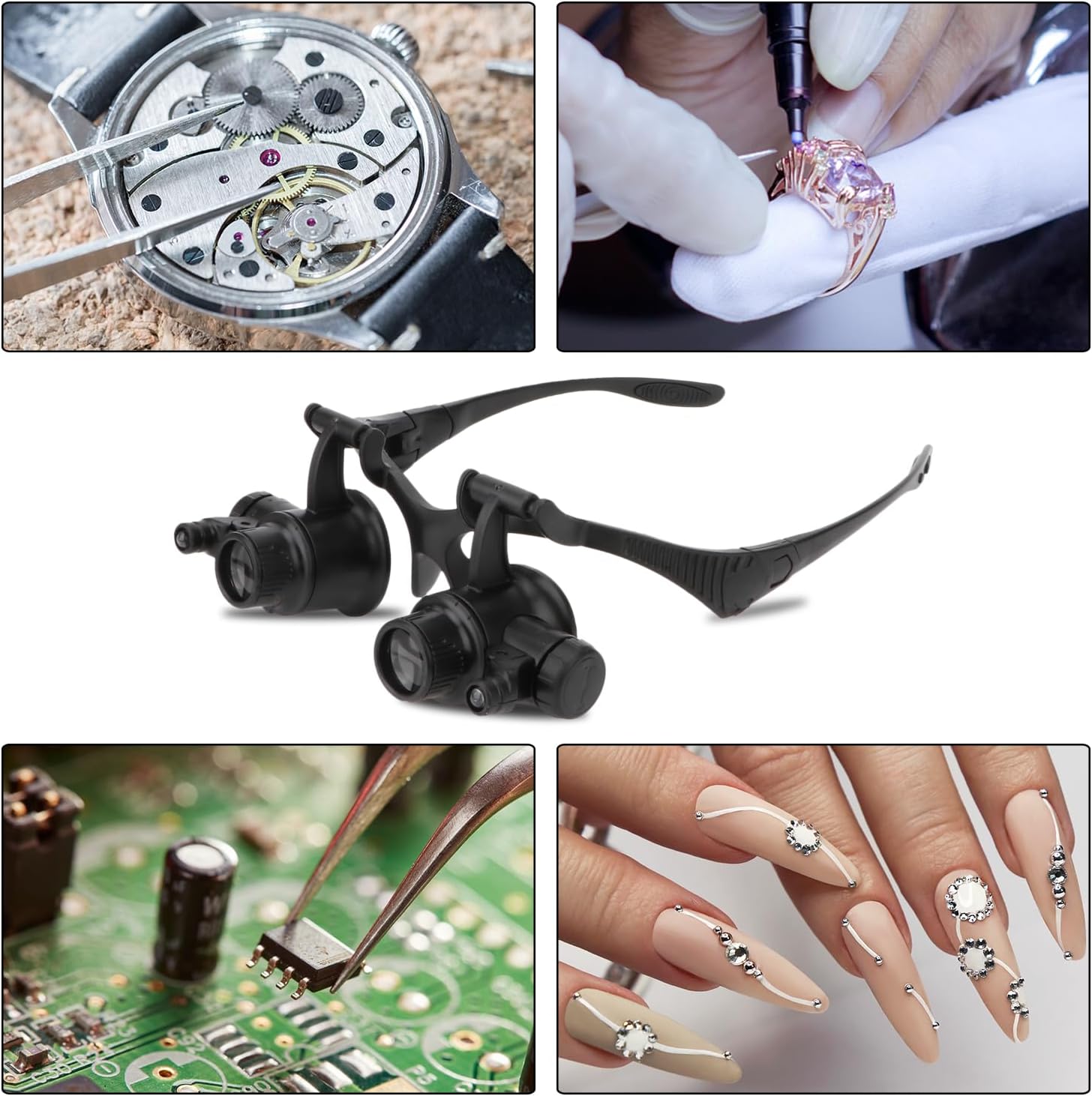 Hands Free Headband Magnifying Glasses Magnifier with Light Jewelers Glasses Eye Loupe with 2 LED Lights 8 Replaceable Lens for Diamond Art Accessories Repair (10X 15X 20X 25X)