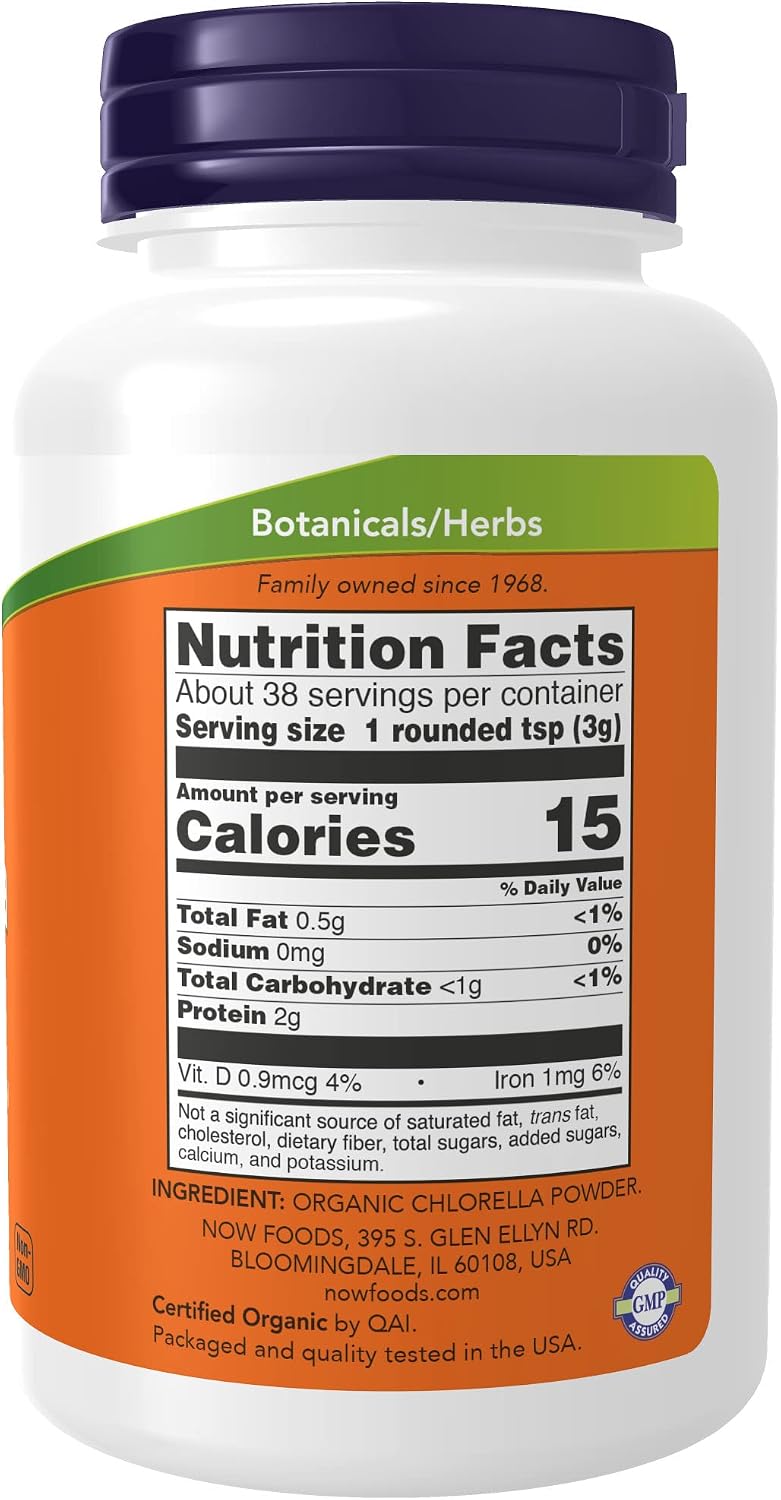NOW Supplements, Organic Chlorella Powder with naturally occurring Chlorophyll, Beta-Carotene, mixed Carotenoids, Vitamin C, Iron and Protein, 4-Ounce