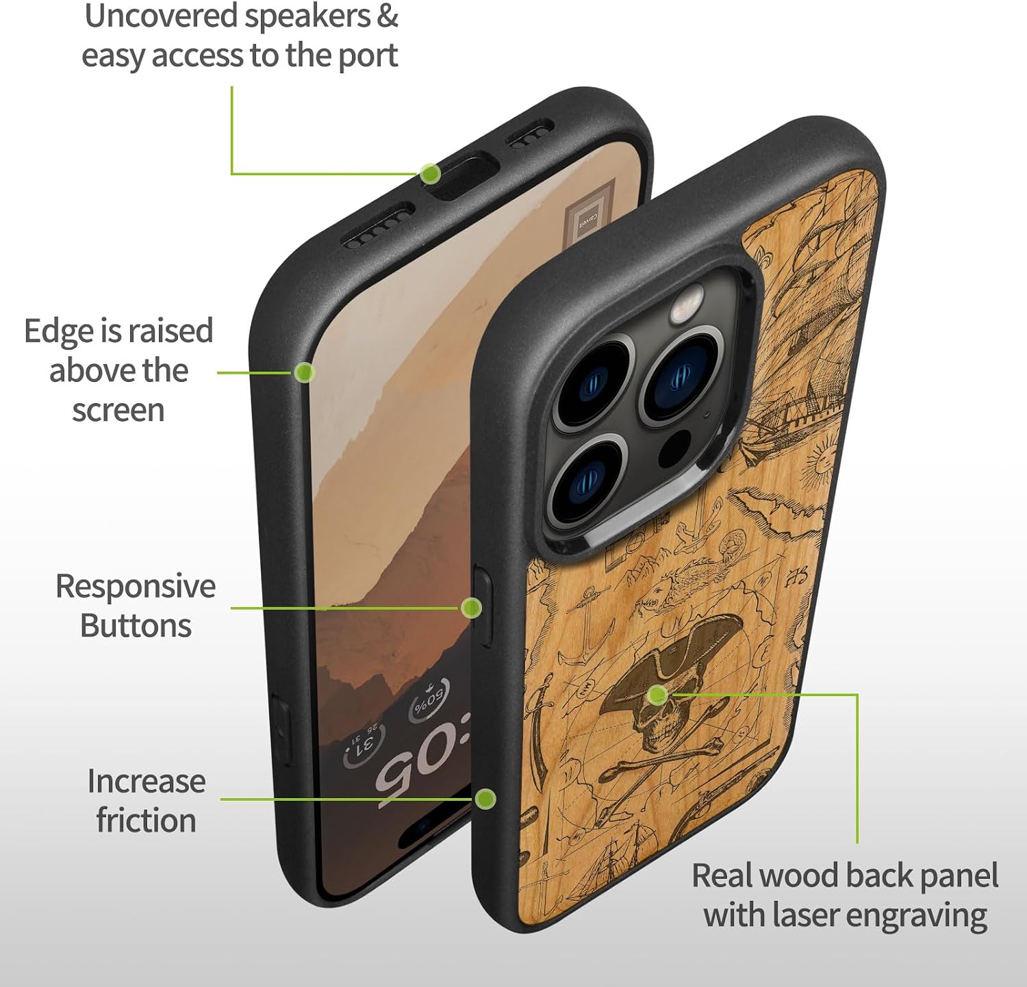 Carveit Magnetic Wooden Case for iPhone 15 Pro Case, Compatible with MagSafe Wireless Chargers, Black Soft TPU Shockproof Cover & Wood Artisan Engraved (Pirate Flag) - Cherry
