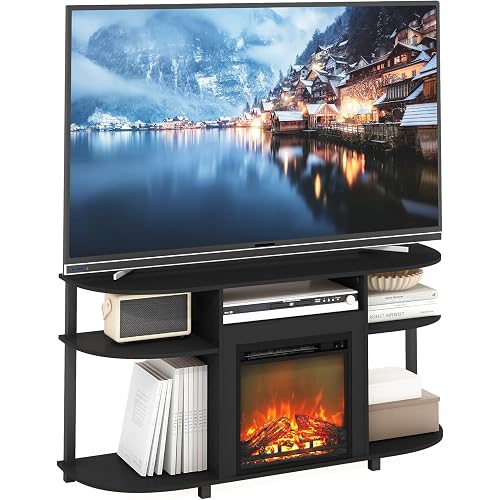 Furinno Jensen Fireplace TV Stand, Curved Entertainment Center, TV Console for TV up to 55 Inch with Fireplace and Open Storage, for Living Room, Bedroom, Americano
