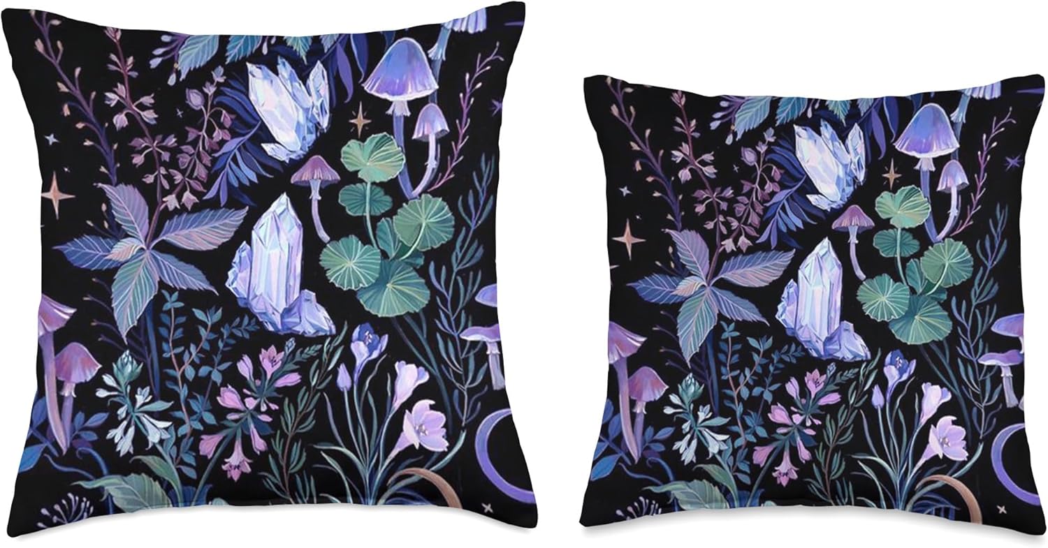 Vintage Witchy Magical Crystals Purple Boho Mushroom Throw Pillow