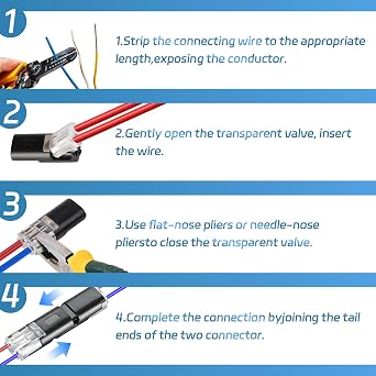 50PCS Quick Clip Fasteners Wire Connector, Double Wire Plug in Connector with Locking Buckle, Low Voltage Wire Connector, Multi-Purpose Snap-On Blocks for Strip Lights DIY Crafting