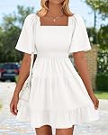 BTFBM Robes Femmes Cou carré Manche volante Moussed Mini Robe de bain casual évasé manches courtes, deux poches latérales, une ligne, taille haute, robe d'été flutter pour les femmes, swing robe de plage Boho