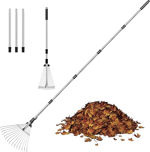 Miniatura 1 de Rastrillo de jardín para hojas, rastrillo de hojas ajustable de metal resistente para césped, longitud de 37 a 81 pulgadas, cabeza ajustable