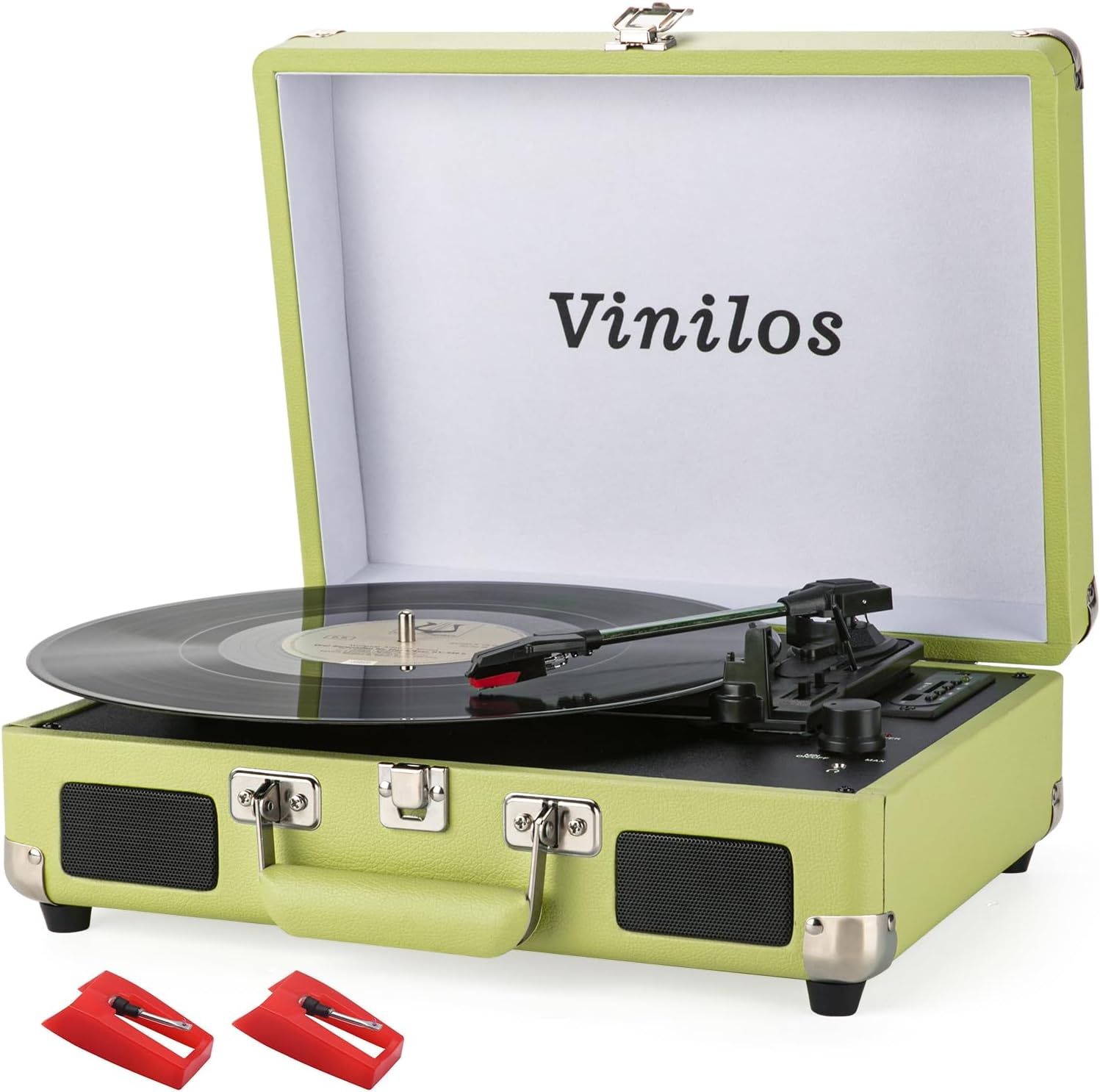Portable Retro Bluetooth Vinyl Record Player with Hi-Fi Sound, USB Recording, 3-Speed Belt-Drive Turntable, Built-in Stereo Speakers, RCA Output, Includes 2 Extra Stylus(Yellow) Vinilos