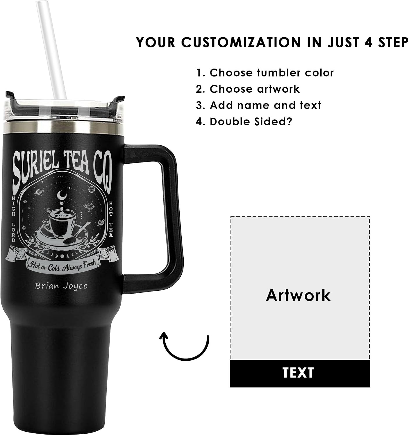 Design Personalized Tumbler Suriel Tea Co 40 oz Laser Engraved, Insulated Cup with Handle, Lid and Straw, Laser Engraved With Name,Text, Custom Gifts For Mom, Dad, Birthday, Women, Men, Kid, Travel