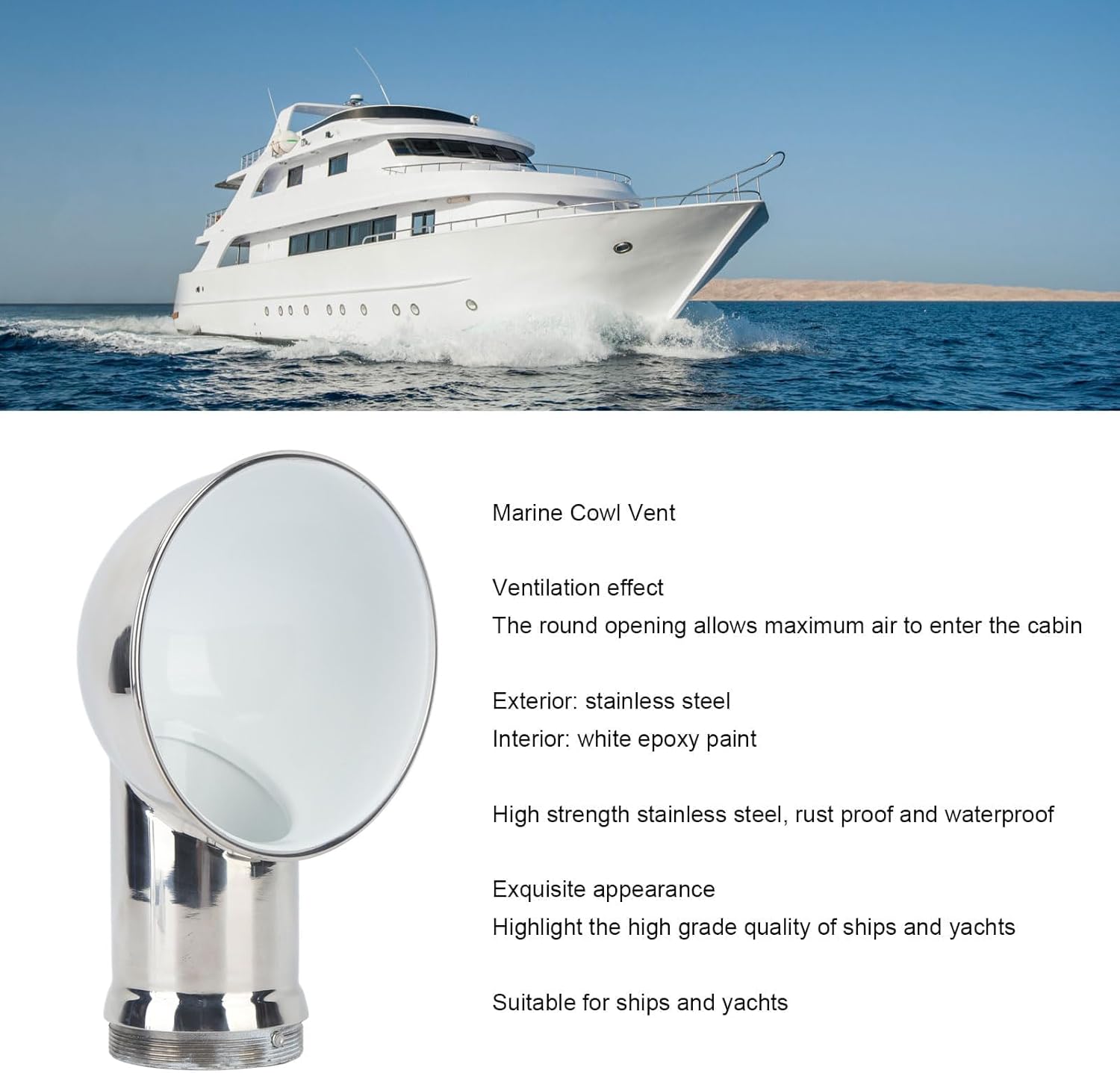 Stainless Steel Round White Cowl Vent, Marine Cowl Vent for Boat, Yacht, Sailboat