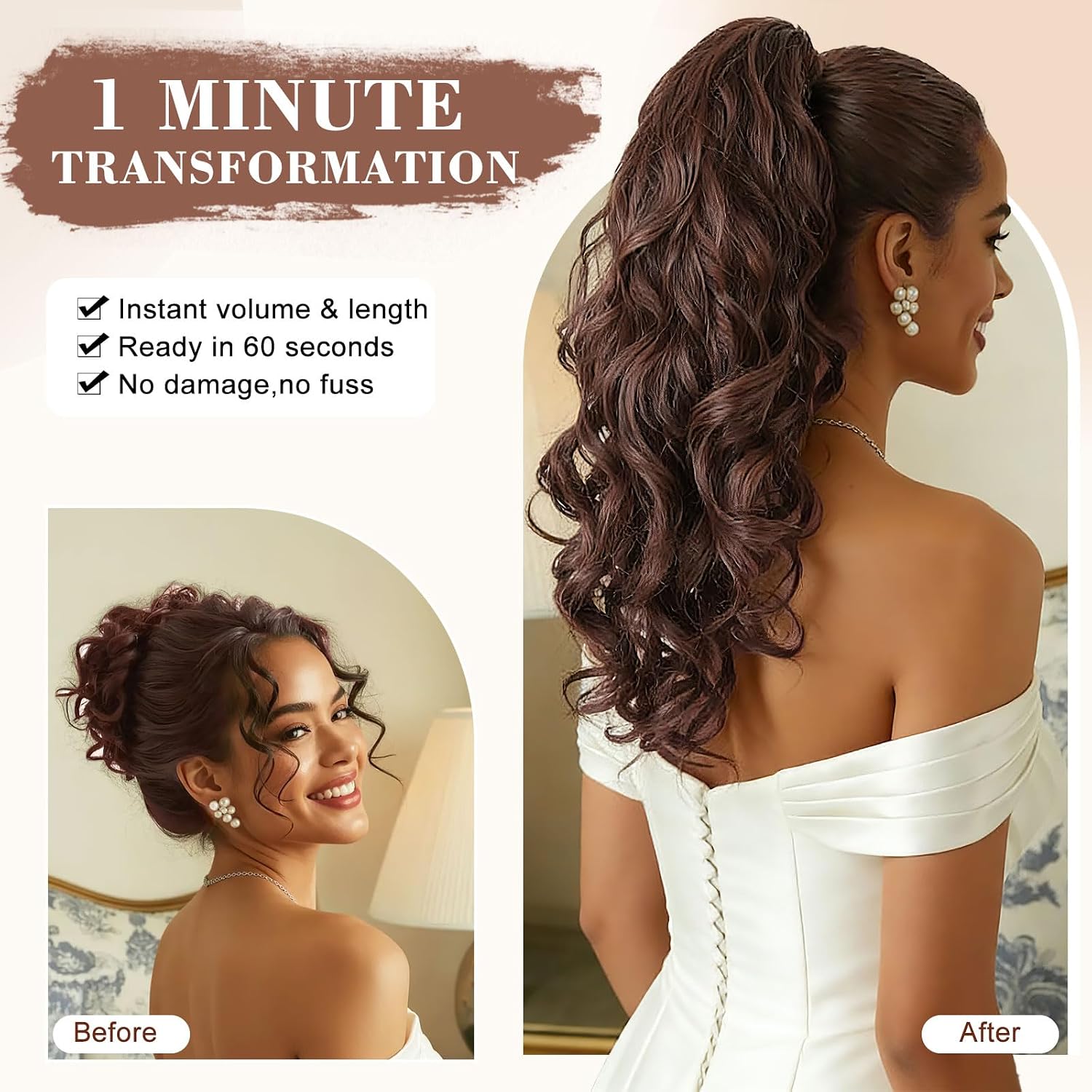 AISI BEAUTY Chocolate Brown Ponytail Extension, 20 Inch Long Wavy Claw Clip Ponytail Hair Extension for Women Synthetic Curly Jaw Clip on Pony Tails Hairpiece