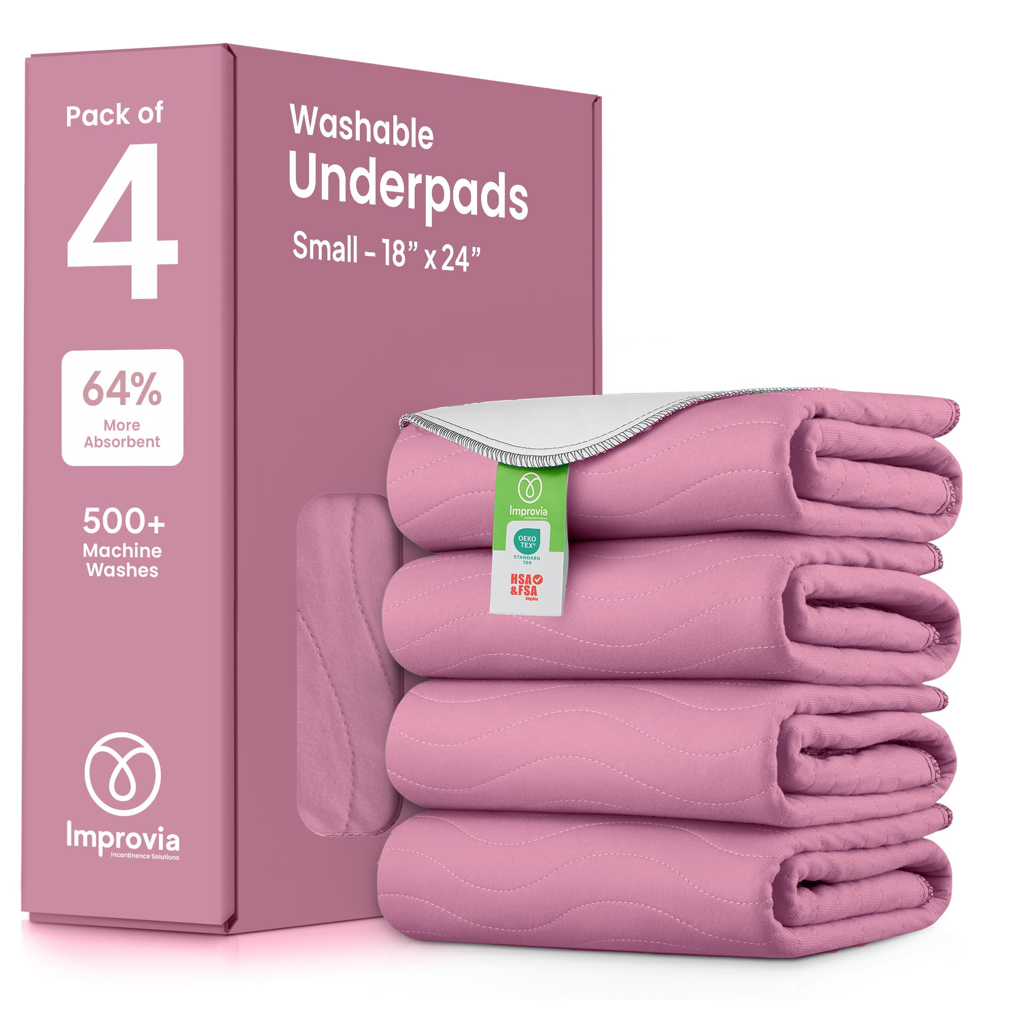 Photo 1 of IMPROVIA® Washable Underpads, Heavy Absorbency Reusable Incontinence Pads for Kids, Adults, Elderly, and Pets, Waterproof Protection Floor (Pink and White, 18" x 24" - Pack of 4)
