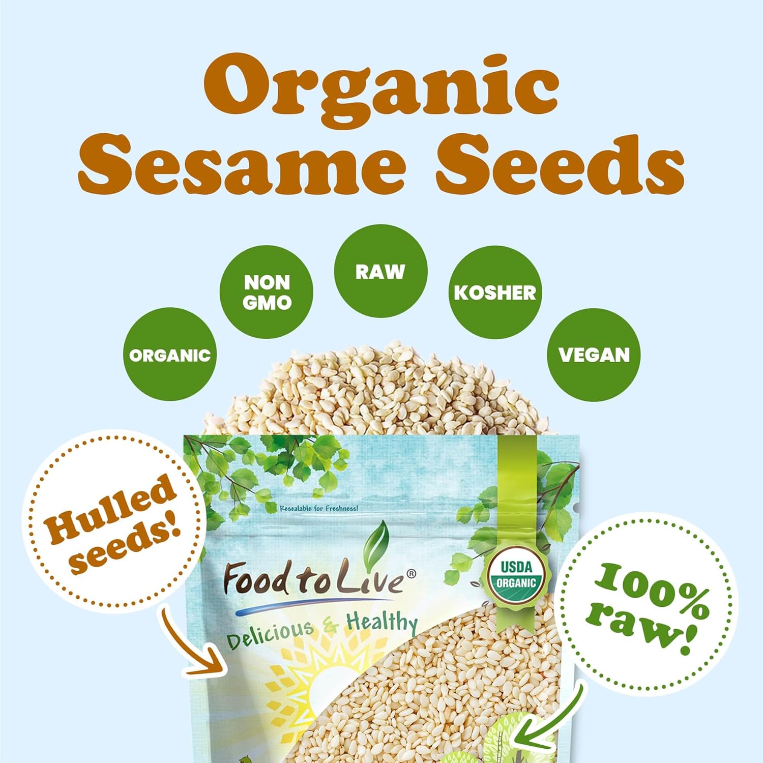 Food to Live Organic Hulled Sesame Seeds, 4 Pounds – Whole Raw White Sesame Seeds, Non-GMO, Kosher, Vegan, Unroasted, Bulk. High in Iron, and Calcium. Perfect for Tahini Paste, Stir-fries, and Salads.