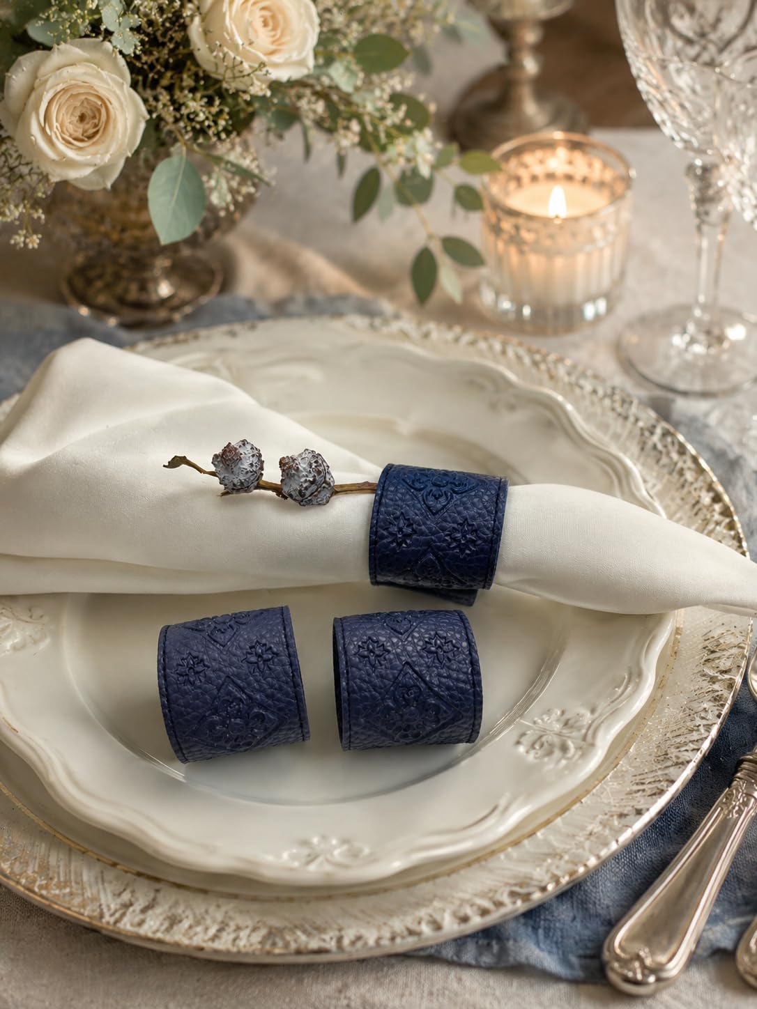 Premium Blue Leather Napkin Rings Set of 6, Reversible Double-Sided Embossed & Smooth Design, Convertible Round/Flat Table Decor, Water-Repellent for Dining, Parties, Holiday & Gifting