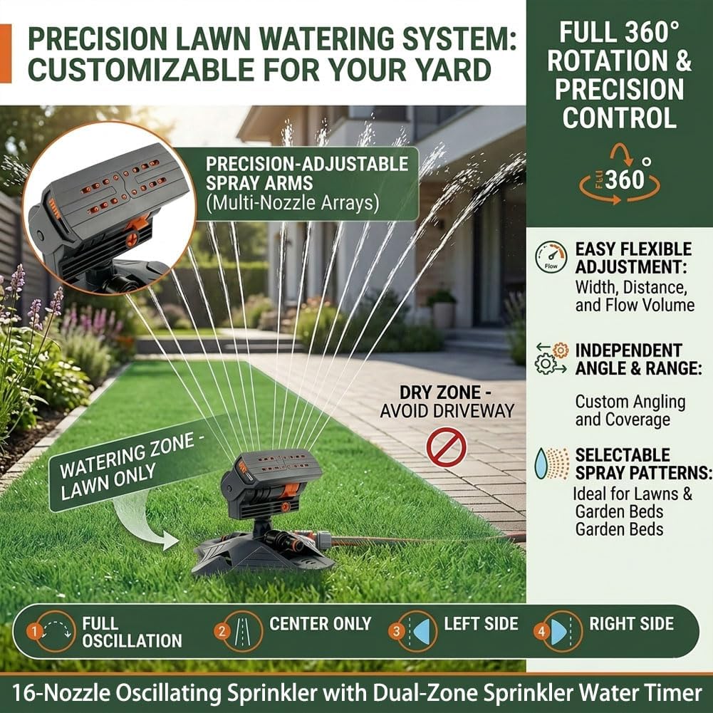 2026 Upgraded 16-Nozzle Oscillating Sprinkler with Dual-Zone Sprinkler Water Timer, Mini Turbo Oscillating Water Sprinklers for Lawn Yard Garden Watering with 197in Water Hose and Set Nozzles (1 Set)