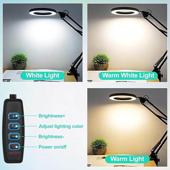 10X Magnifying Glass with Light and Stand, Adjustable Arm, 3 Colour Modes, Dimmable LED, Hands-Free Clamp for Reading, Crafts, Sewing and Hobbies (10X)