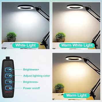 10X Magnifying Glass with Light and Stand, Adjustable Arm, 3 Colour Modes, Dimmable LED, Hands-Free Clamp for Reading, Crafts, Sewing and Hobbies (10X)