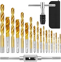 21PCS Metric Drill Bits and Taps, Thread Tap Set with 9 M2-M12 Taps, 9 Helicoidal Drill Bits 1.5-10mm, 2 Tap Wrenches and 1 Small Leather Bag, Tapping Kit for Wood, Plastic and Metal