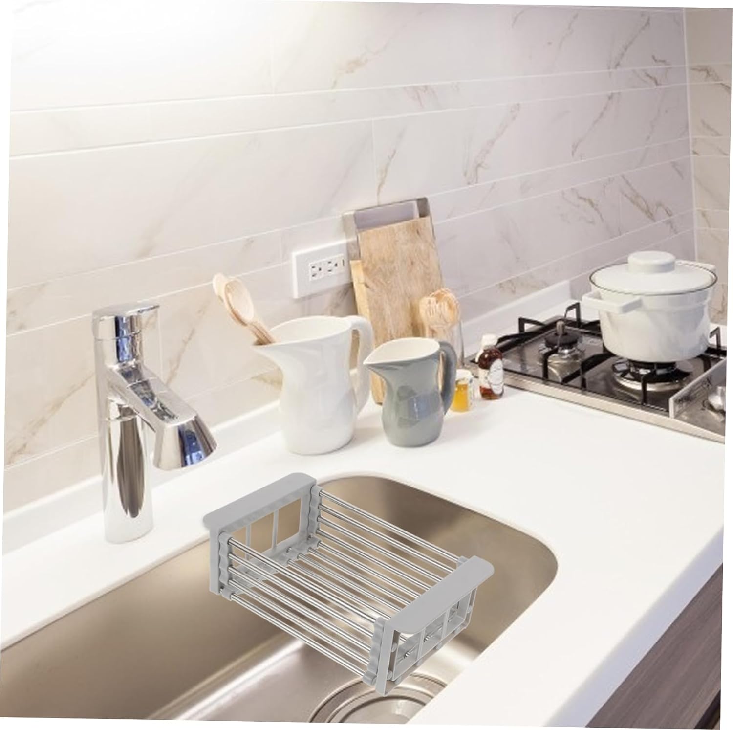 OUNONA Telescopic Sink Drain Rack Stainless Steel Multi-Function Kitchen Colander Automatic Drainage for Vegetables and Dish Storage for Home and Restaurant Use image 3