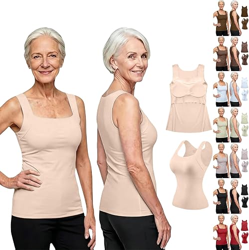 Tank Tops with Built in Bras for Older Women Plus Size Camisole Beige M