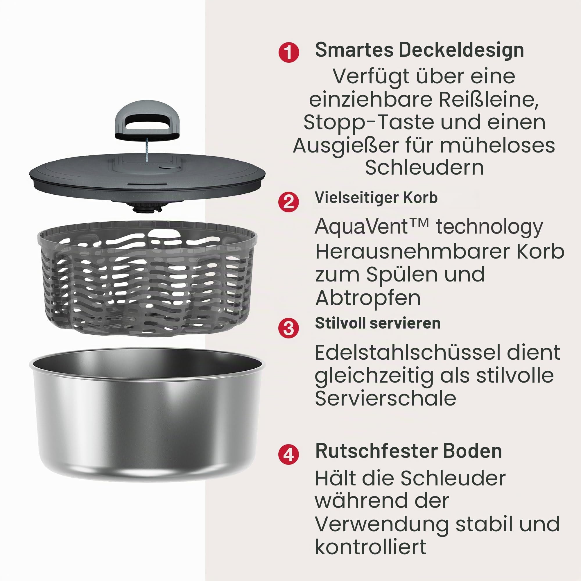 Zyliss Easy Spin Salatschleuder Edelstahl Groß, 6L, Mit Seilzug, Salatschüssel mit Deckel, BPA-frei, Rutschfester Boden, AquaVent™-Technologie, Stopptaste, Spülmaschinengeeignet