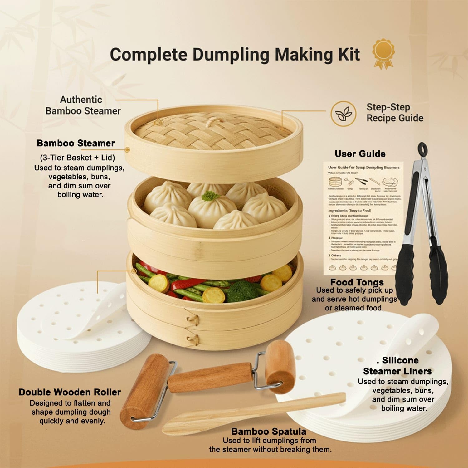 Bamboo Steamer Basket 10 Inch | 2 Tier Dumpling and Dim Sum Steamer for Bao Buns Vegetables and Asian Cooking | Bamboo Steaming Basket Set with Parchment Liners and Food Tongs
