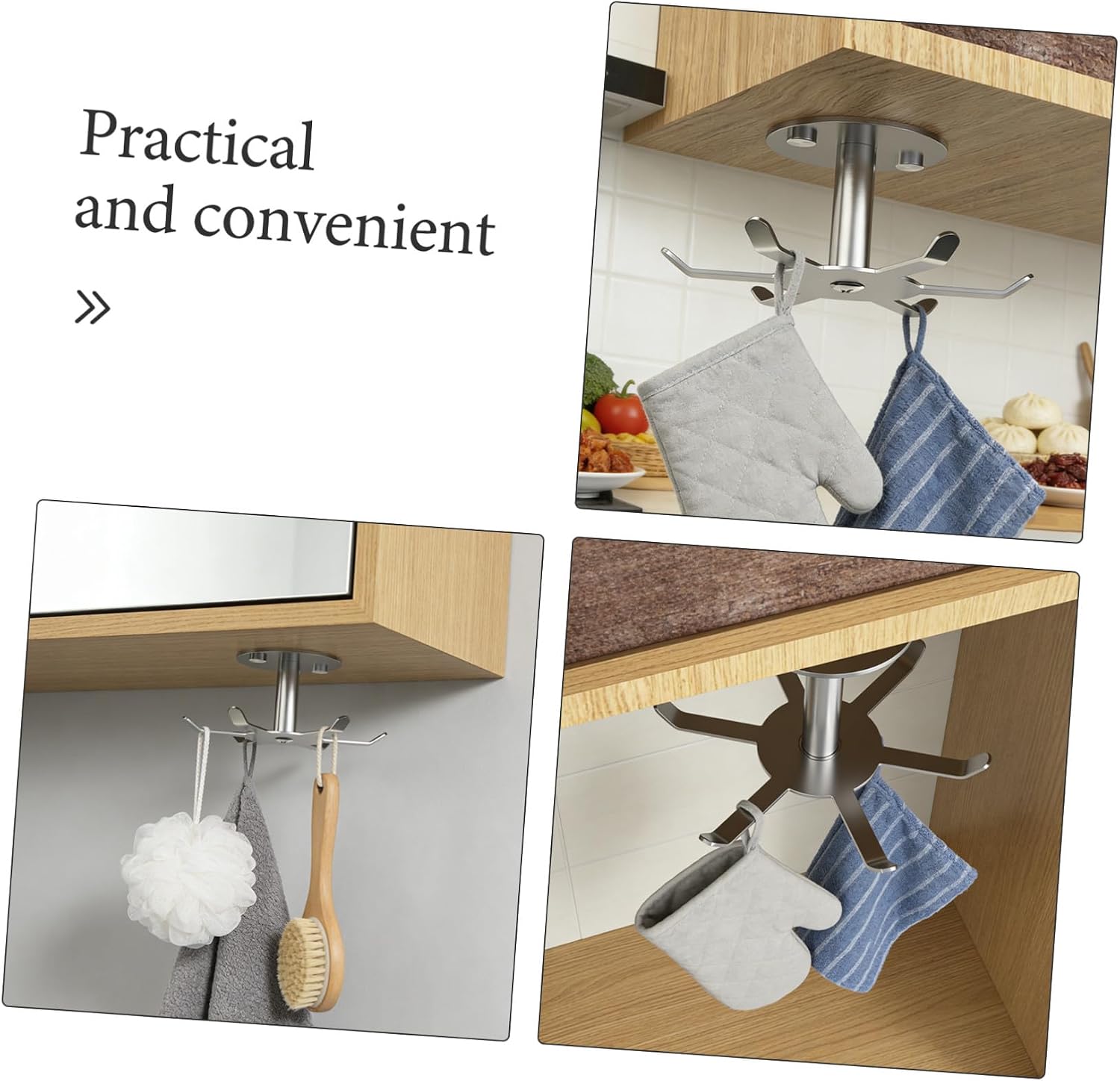 2pcs 304 Stainless Steel Kitchen Utensil Hangers 360° Rotating Multi-Function Under Cabinet Hooks for Cooking Utensils and Bathroom Storage