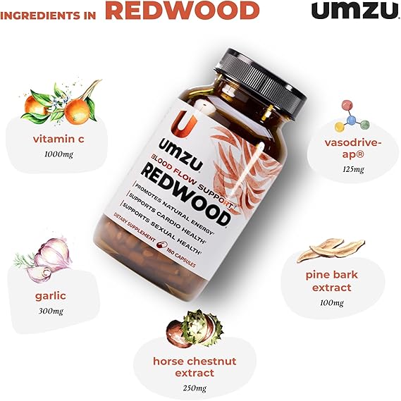 UMZU Redwood Nitric Oxide Booster, (30 Day Supply) Vitamin C, Garlic & Horse Chestnut Healthy Circulation & Endurance Daily Cardiovascular Support Nitric Oxide Supplement Blood Flow Supplement