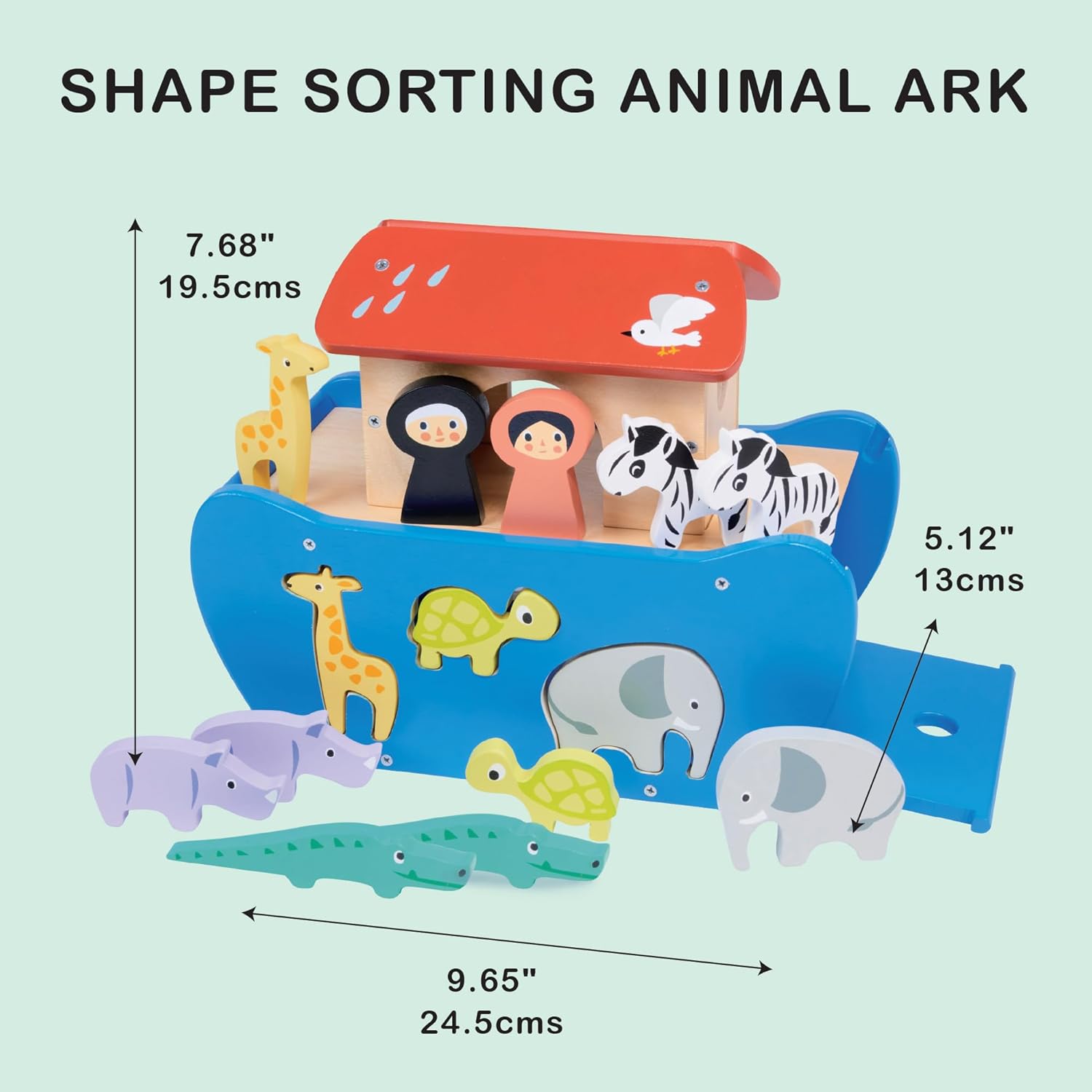 Mentari Toys - Shape Sorting Animal Ark - 14pc Wooden Shape Sorting Boat - Montessori Activity Toy for Toddlers - Boost Fine Motor Skills and Shape Recognition - Educational Toy - Age 2+