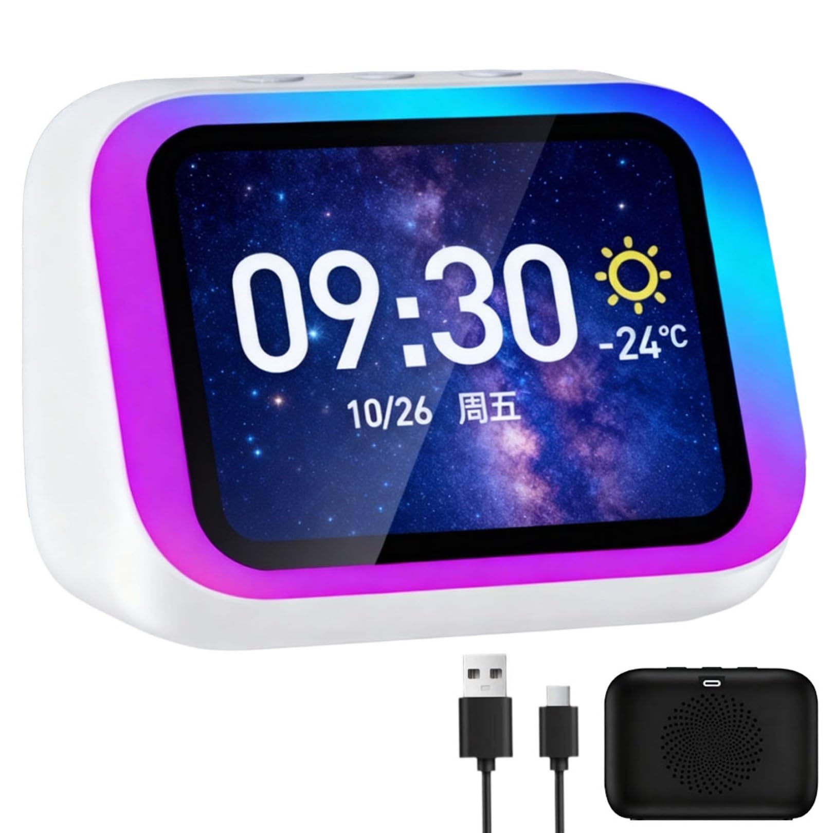 Reloj Despertador Inteligente Ai con Altavoz Bluetooth 5.4, Luces RGB, Pantalla de Hora y Clima, Reloj Digital de Mesita con Llamadas Manos Libres para Dormitorio y Sala de Estar White